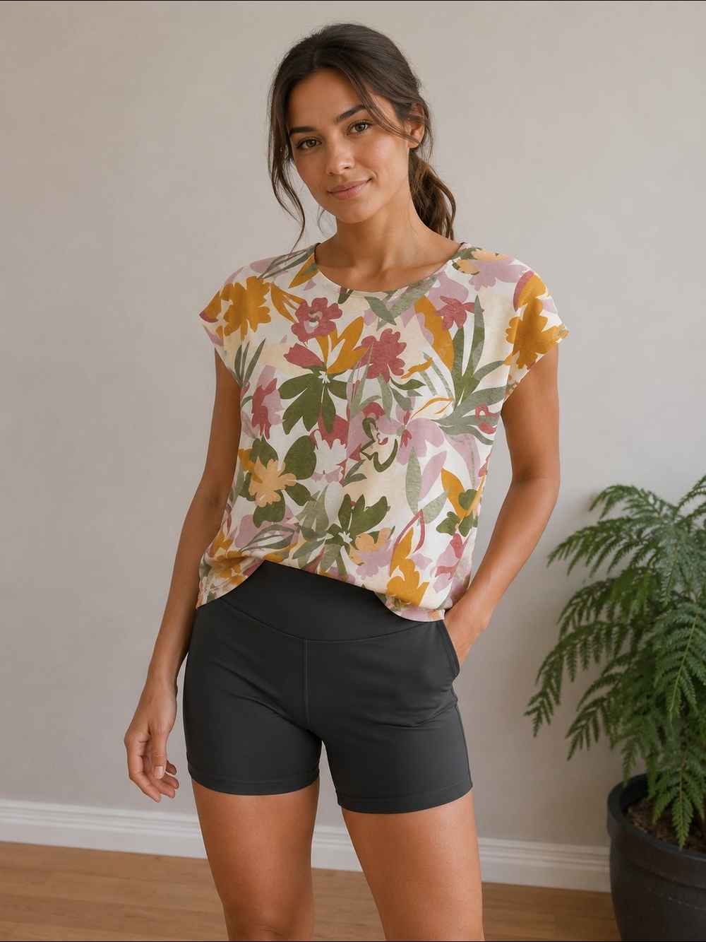 Linen Blend Floral Short Sleeve Tee in Mustard, Olive & Blush